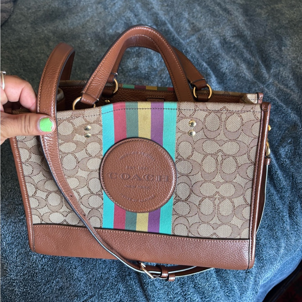 Coach Brown Signature Canvas Satchel with Turquoise Pink Yellow Purple Stripes